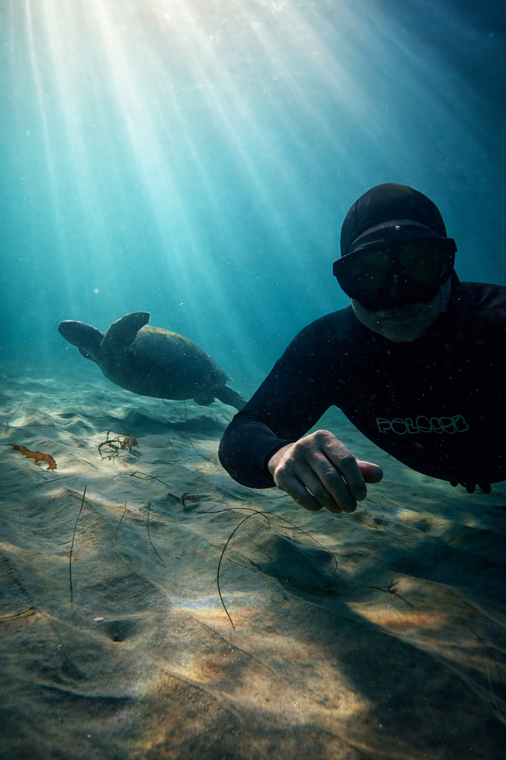 Freediving brings a calm to Johnny who is diving off the coast of Southern California with a Sea Turtle